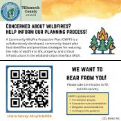 CWPP Community Participation poster that links to the wildfire survey prepared by Bintel.  