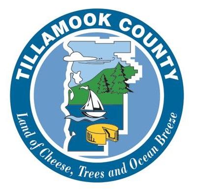 Tillamook County logo is circle with shape of county in center. Drawing of sky, field, fir trees, sailboat on a lake and a wheel of cheese. Words at bottom read Land of Cheese, Trees, and Ocean Breeze.