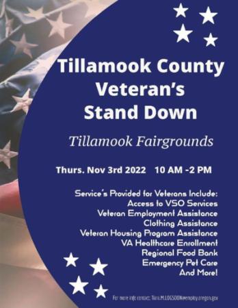 Tillamook County Veteran's Stand Down at the Tillamook Fairgrounds - Thursday November 3rd 2022 - 10am to 2pm