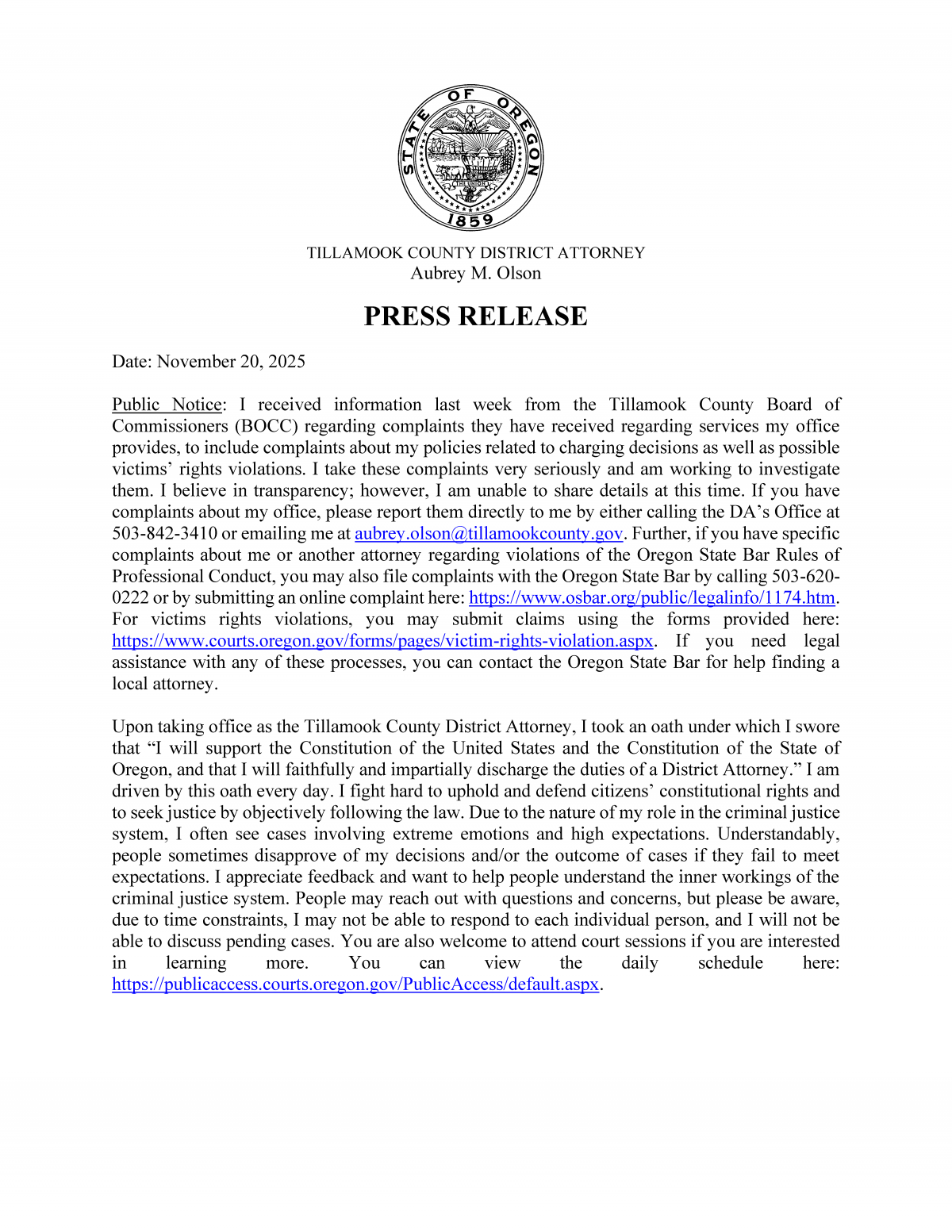 Public notice regarding complaints about the Tillamook County District Attorney's Office